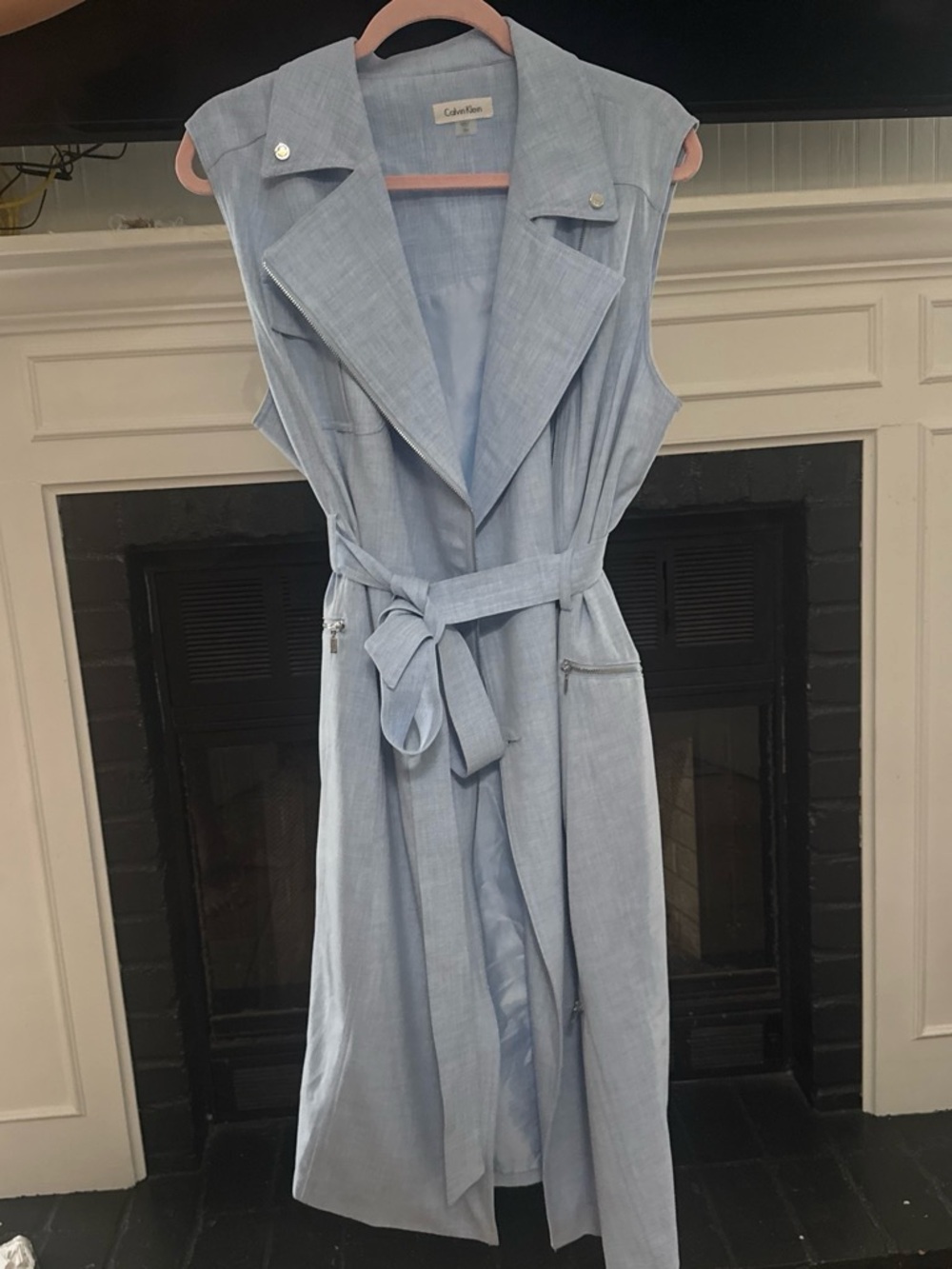 Calvin Klein Light Blue Sleeveless Midi Trench Dress with Tie Belt